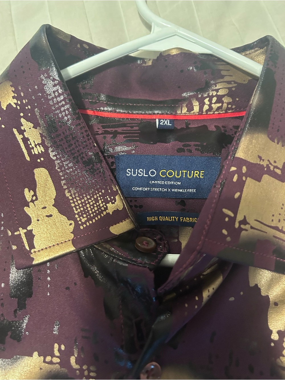 Suslo Couture Men’s Plum Dress Shirt with Gold Print - 2XL